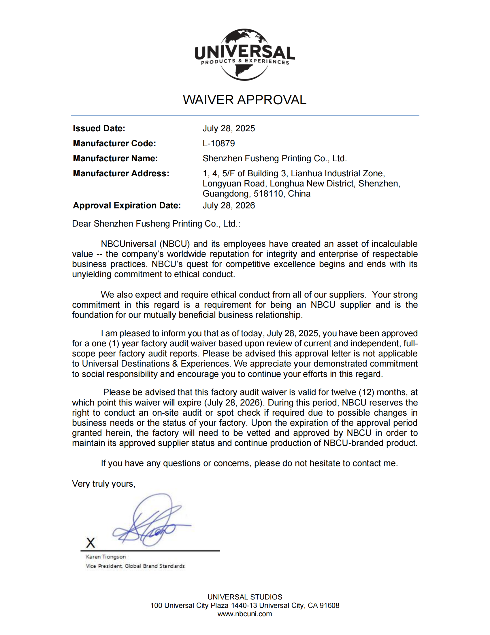 L-10879 Shenzhen Fusheng Printing Co., Ltd. 1 Year Waiver Approval Letter 2025 (expires 28 July 2026)_01.png